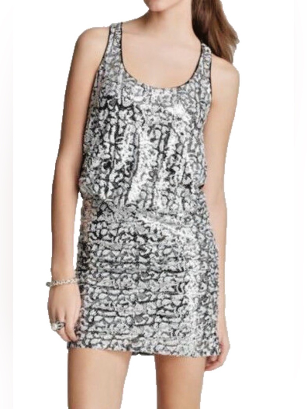 Laundry Silver and Black Sequins Blouson Racerback Mini Dress. Sz 10